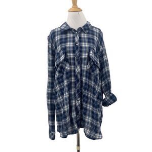 Kut From The Kloth Shirt Womens XXL Blue Plaid Flannel Snap Button Tap Sleeve